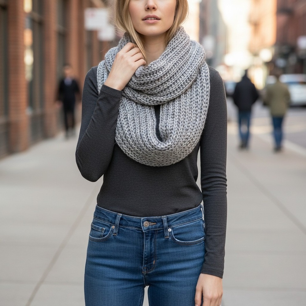 Isoldi Irene Italy Alpaca Wool Blend Chunky Ribbed Knit Infinity Scarf Grey NEW